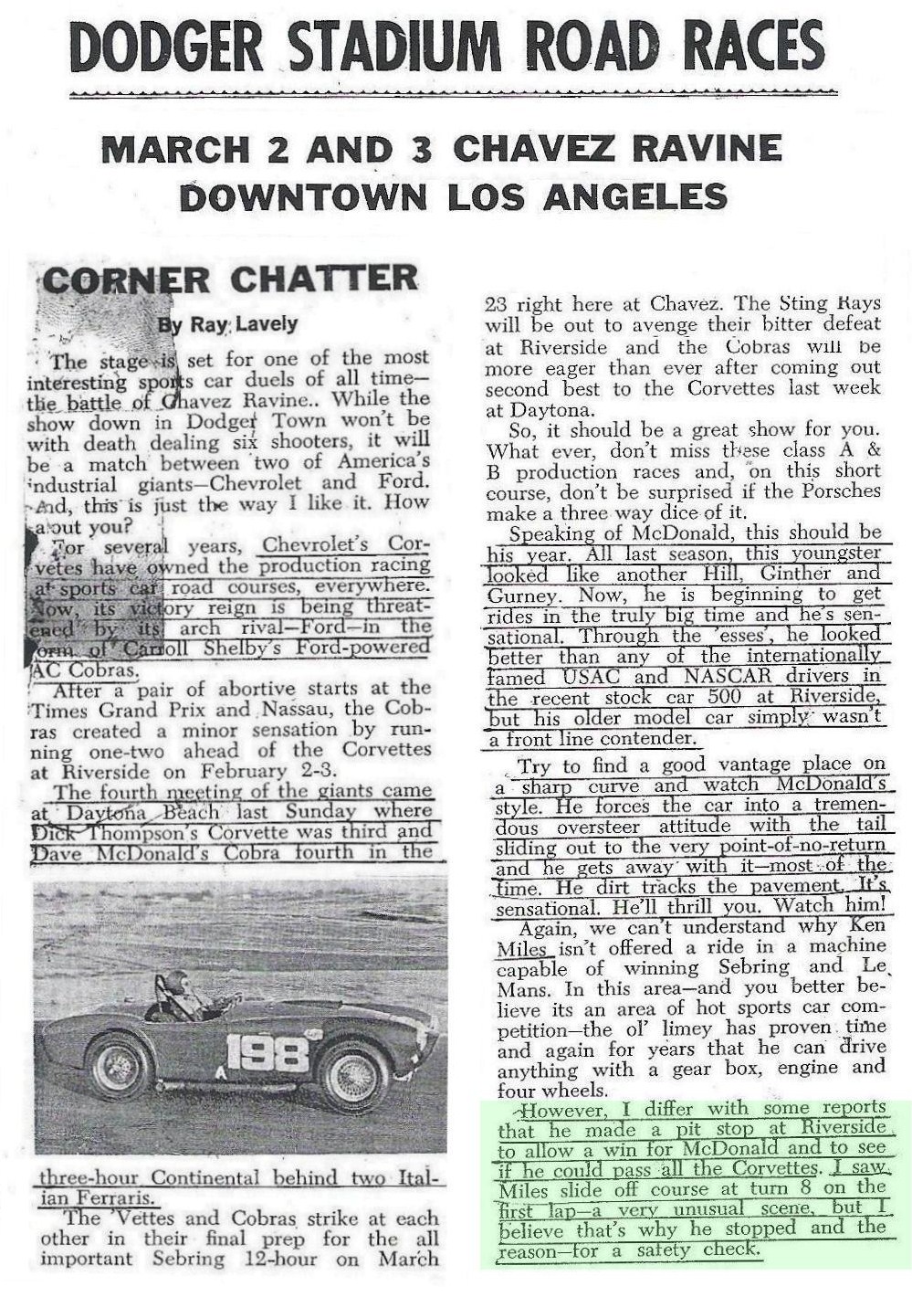 Dave MacDonald races the Carroll Shelby Cobra 260ci to its first ever win at Riverside International Raceway